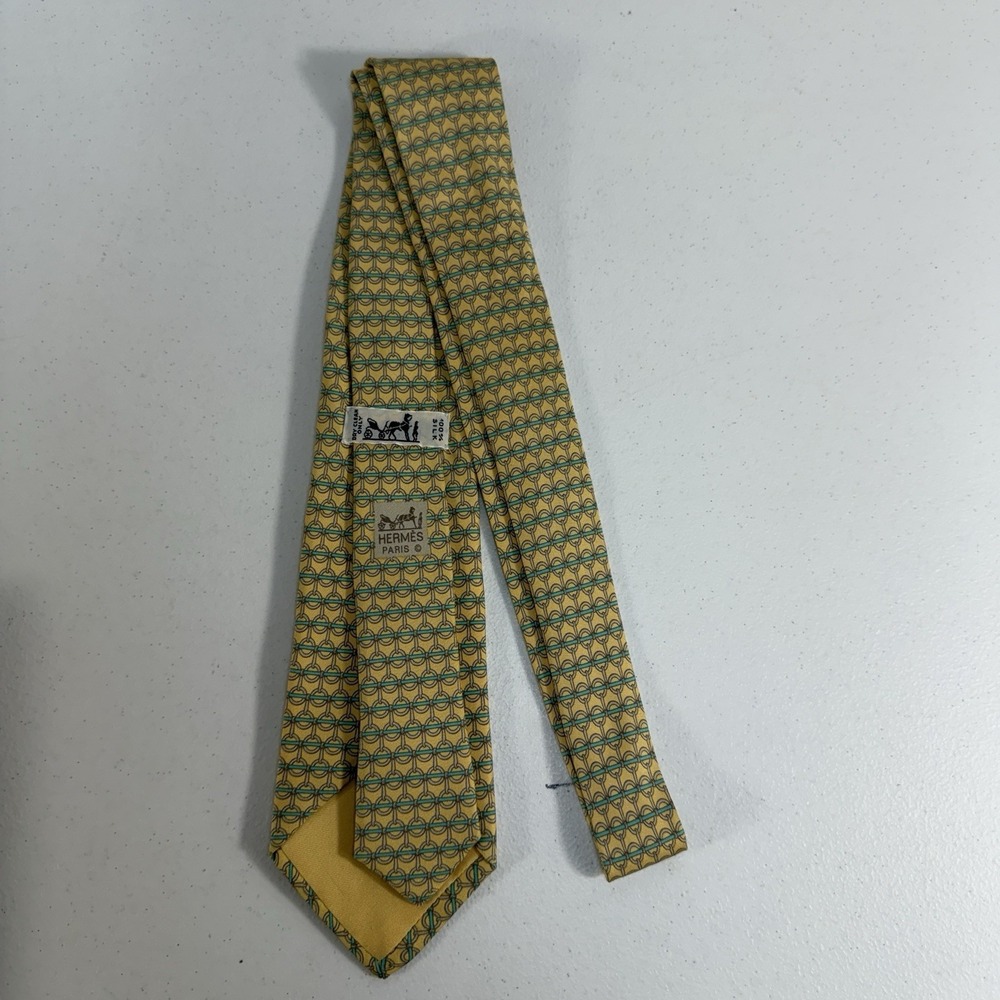 Vtg Hermès Silk Mens Neck Tie Equestrian Chain Link Stirrup Pattern Made France - Picture 4 of 7